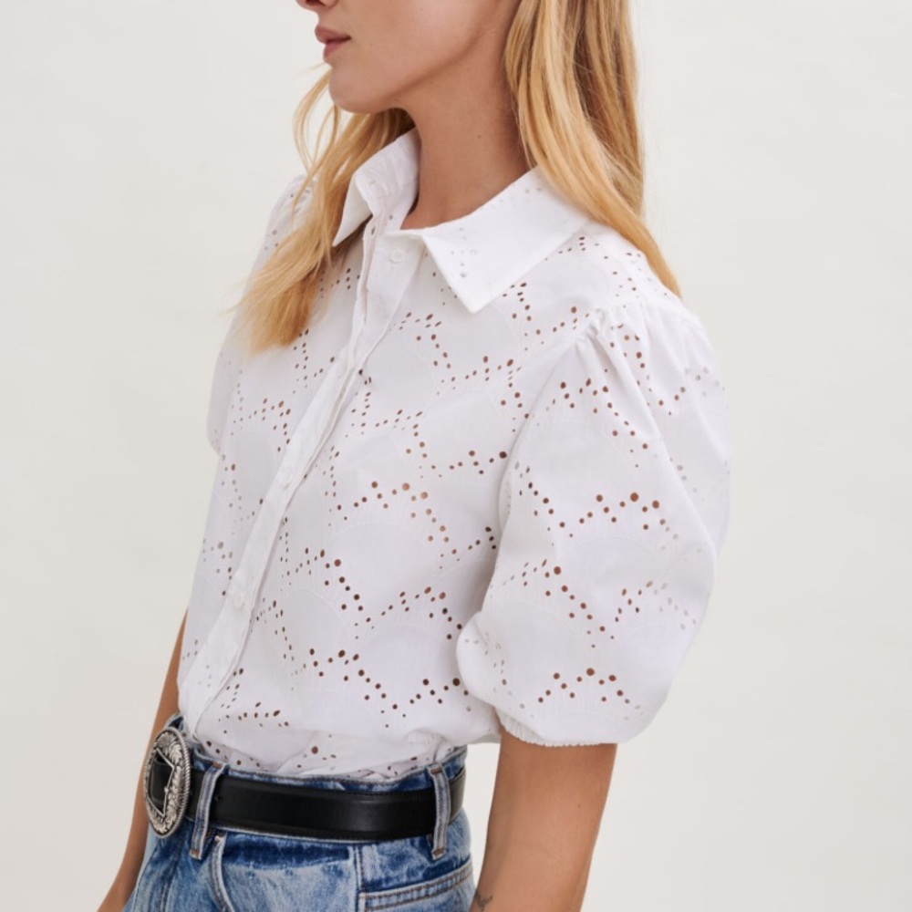 Maje Poplin Openwork Eyelet Blouse White Button Down Top size 1